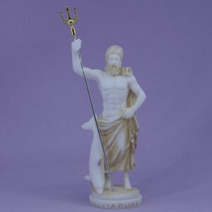 Poseidon standing with trident and dolphin in Patina color