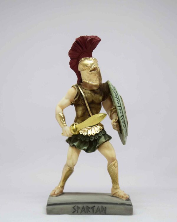 Spartan Warrior statue holding sword and shield in color