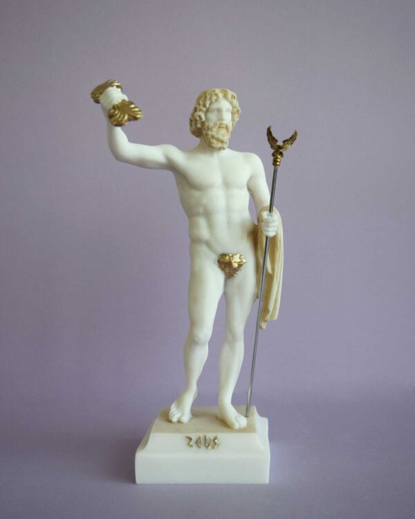 Zeus standing and holding his spear in Patina color