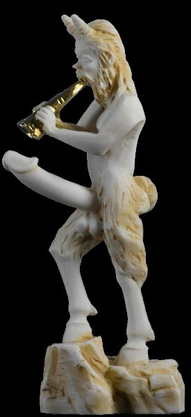 The statue of Satyr playing music in Patina color