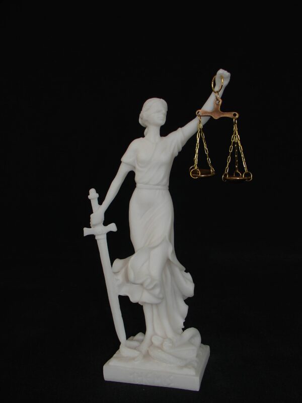 Statue of Themis Goddess of Justice with her name written in Latin characters in White color