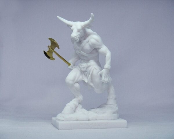 Τhe Minotaur statue holding a double-edged axe in White color