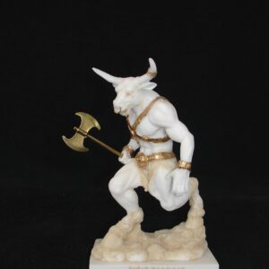 Τhe Minotaur statue holding a double-edged axe in Patina color