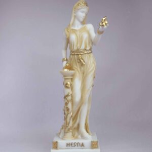 The statue of Hestia standing close to fire in Patina color