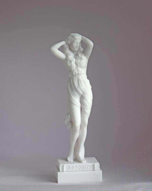 The Statue of Aphrodite stands and holds her head with both her hands in White color