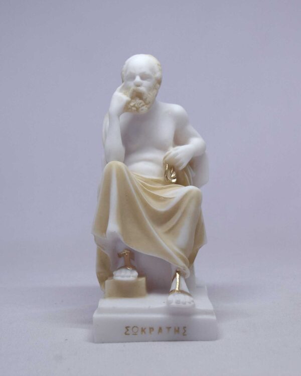 The statue of Socrates thinks while sitting in Patina color