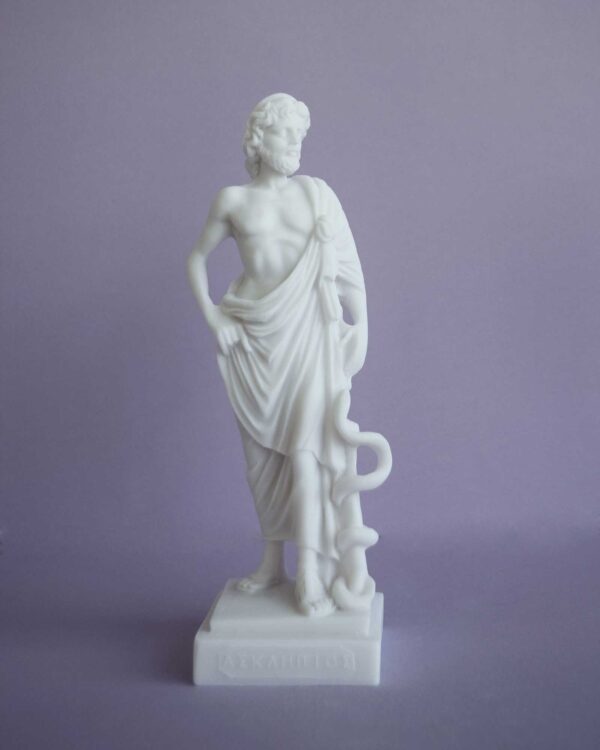 The whole statue of Asclepius holding his serpent-entwined staff in White color