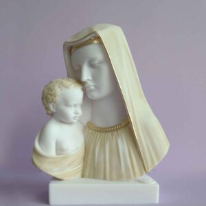 The bust statue of Mary and baby Jesus in Patina color