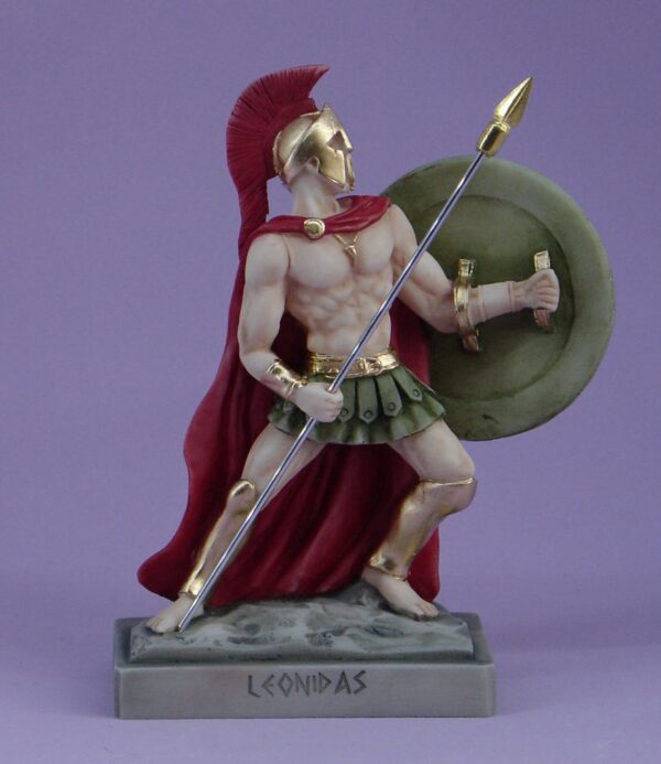 The statue of Leonidas in defense with his spear and shield in color