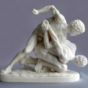 A statue of two men illustrates Greek Ancient wrestling in White color