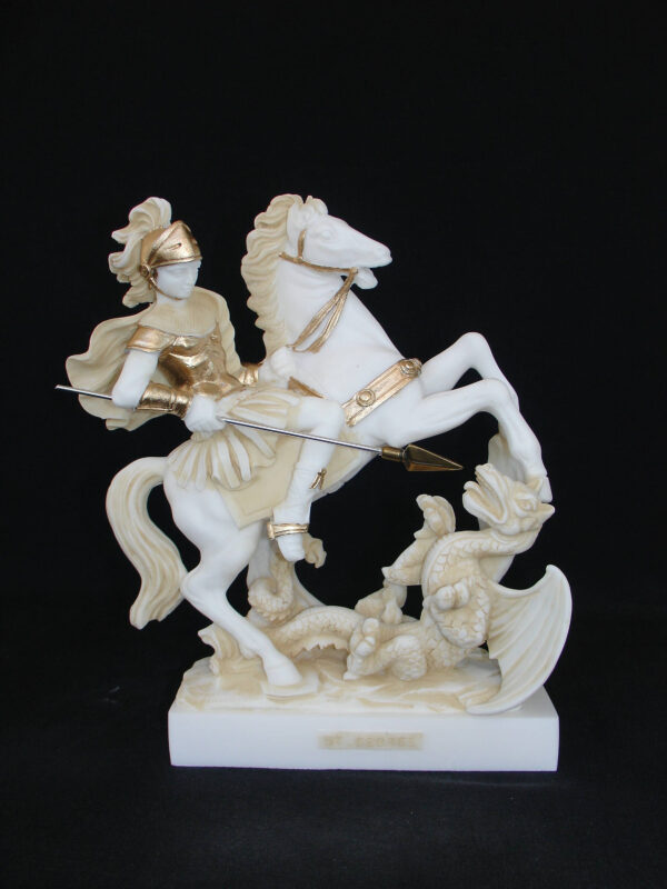 The statue of Saint George who slays the dragon in Patina color