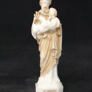 Greek statue of Saint Joseph holding baby Jesus in his both hands in Patina color
