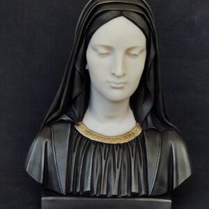 The bust statue of Virgin Mary looking down in Gold Black color