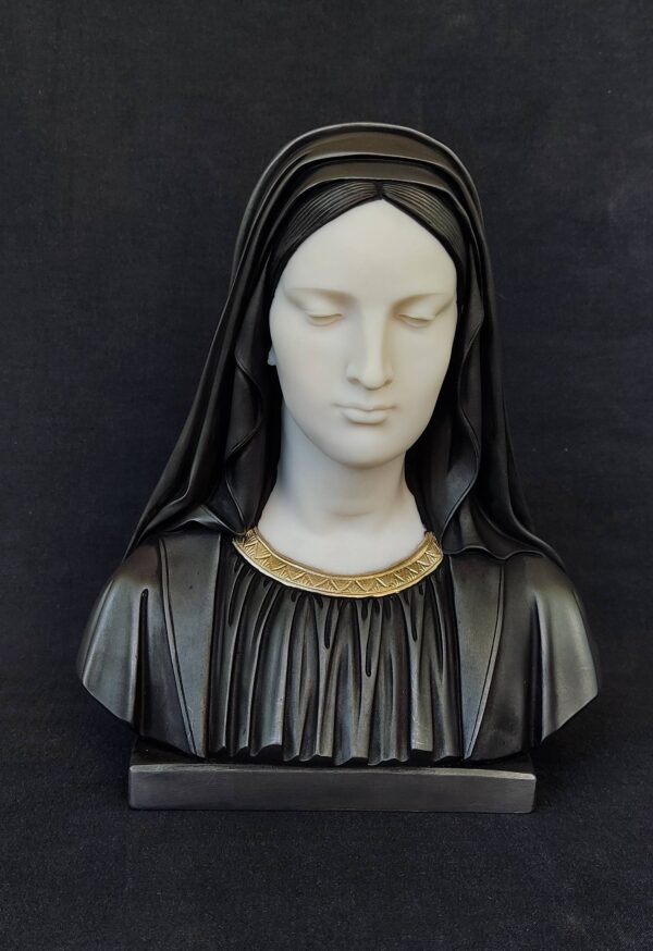 The bust statue of Virgin Mary looking down in Gold Black color